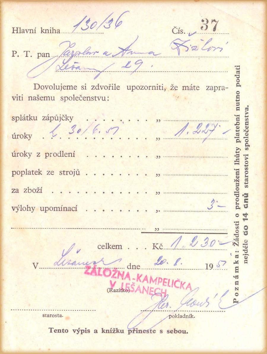 Záložna_splátka půjčky - 20.srpna 1951